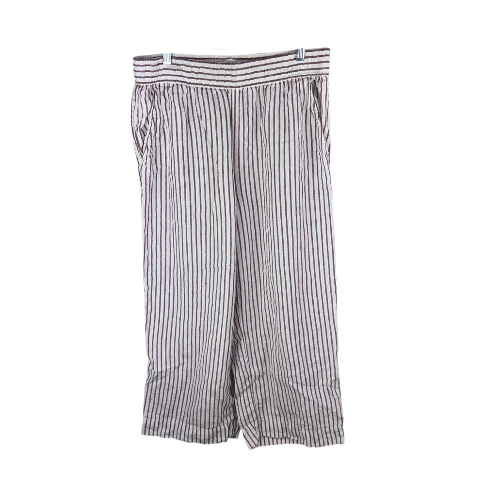 Sigrid Olsen Wide Leg Linen Striped Pants Large Beach Coastal Brown Cropped